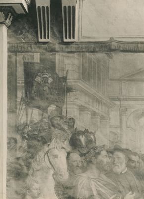 ambito romano, Particolare del dipinto raffigurante la donazione dell'Esarcato di Ravenna e della Pentapoli fatta da Pipino III a Stefano II, 1943 - 1952