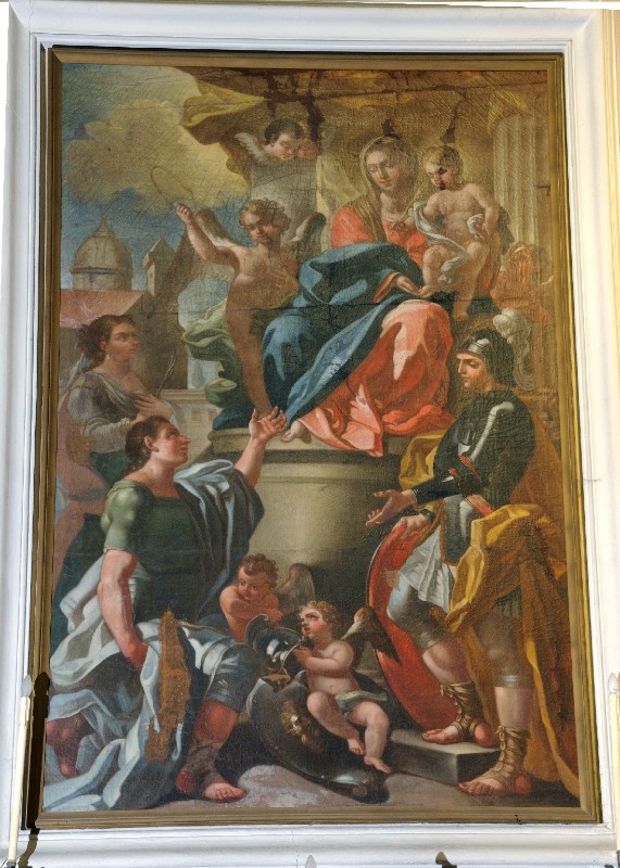 Ambito napoletano sec. XVIII, Dipinto con Madonna e Gesù Bambino tra santi