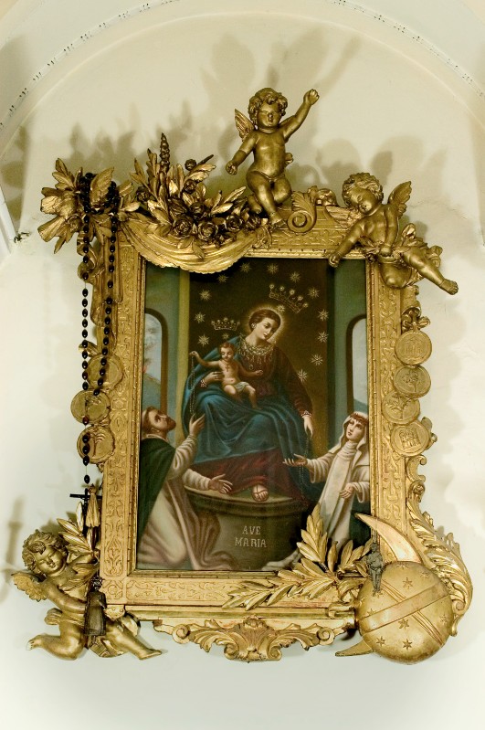 Ambito napoletano sec. XX, Madonna di Pompei in olio su tela e legno scolpito