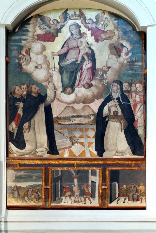 Ambito napoletano terzo quarto sec. XVI, Madonna del rosario con santi