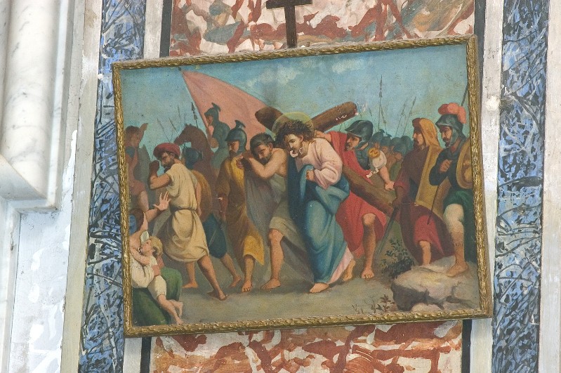 Ambito napoletano sec. XIX, Gesù Cristo aiutato dal cireneo in olio su tela