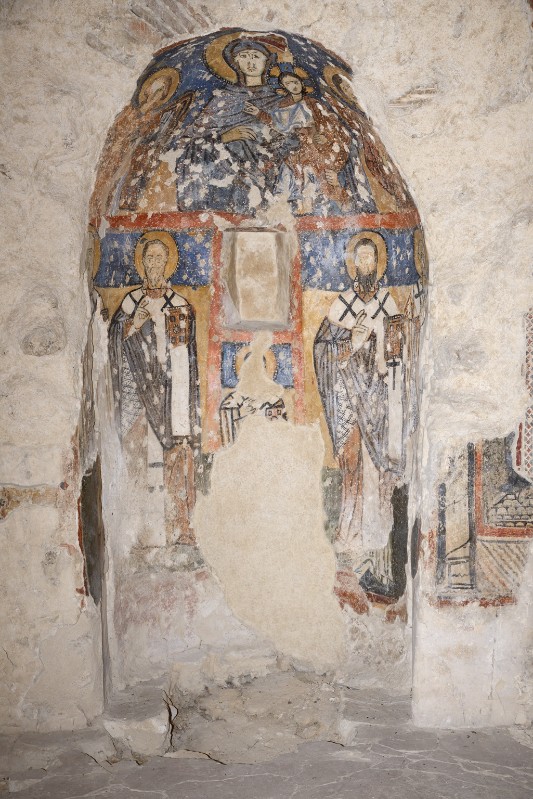 Ambito bizantino sec. XI, Dipinto murale della Madonna con Bambino santi