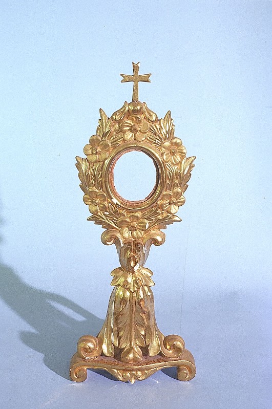 Bott. napoletana (1893), Reliquiario a ostensorio in legno scolpito e dorato
