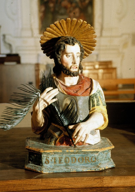 Bott. italiana secc. XVIII-XIX, Reliquiario a busto di San Teodoro in legno