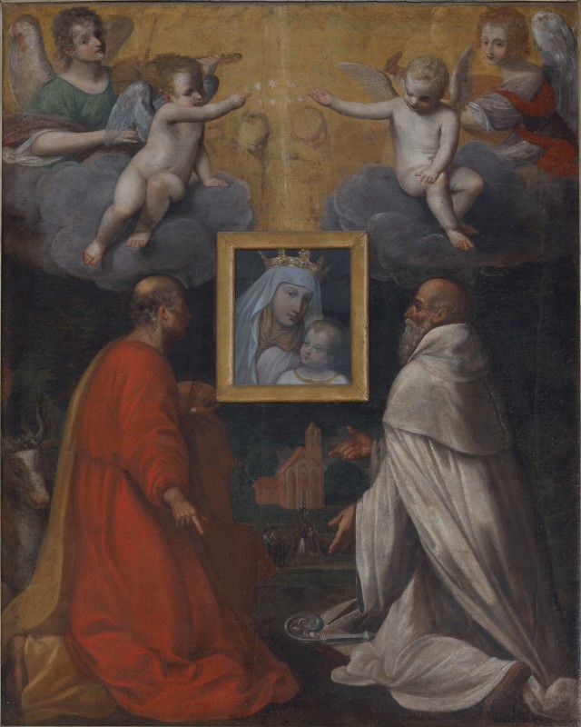 Ambito emiliano sec. XVII, Dipinto San Luca e santo vescovo