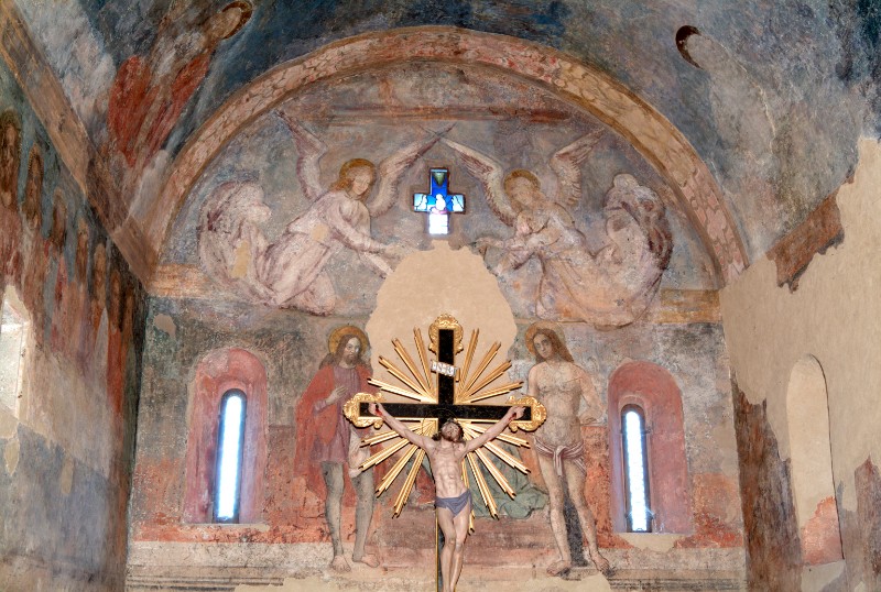Ambito emiliano sec. XIV, Dipinto murale San Sebastiano e San Rocco con angeli