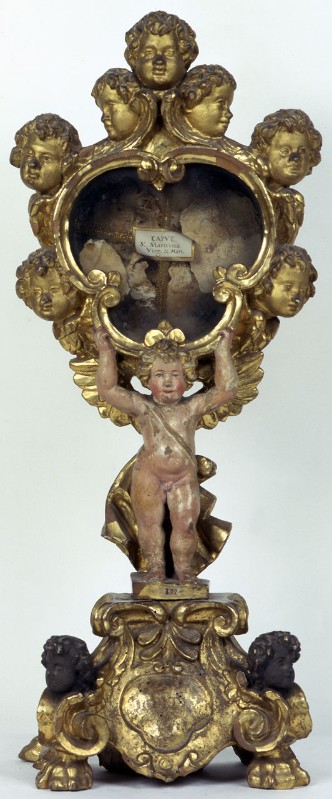 Bott. bolognese sec. XVII, Reliquiario in legno dipinto con fusto ad angelo