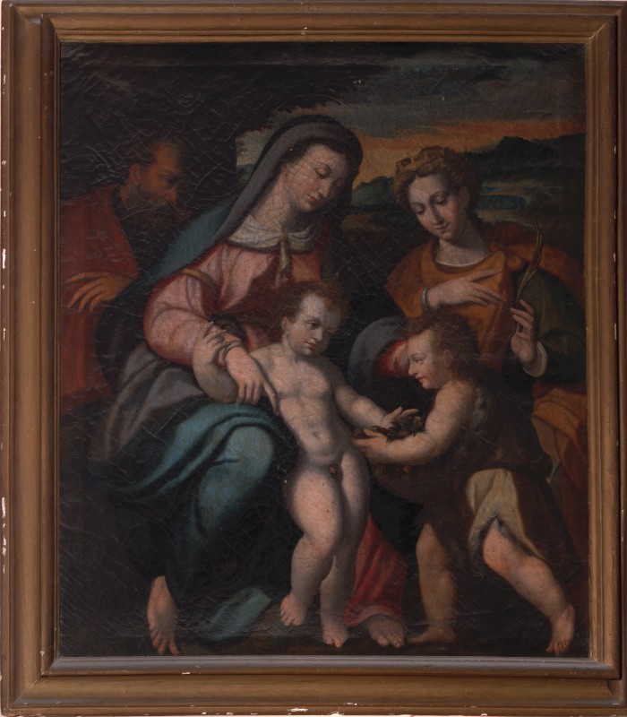 Ambito bolognese sec. XVI, Sacra famiglia con San Giovannino e Santa Caterina
