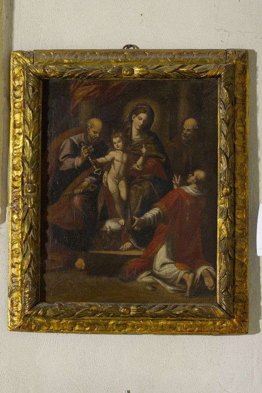 Ambito romagnolo sec. XVII, Dipinto con Madonna con Gesù Bambino e San Pietro
