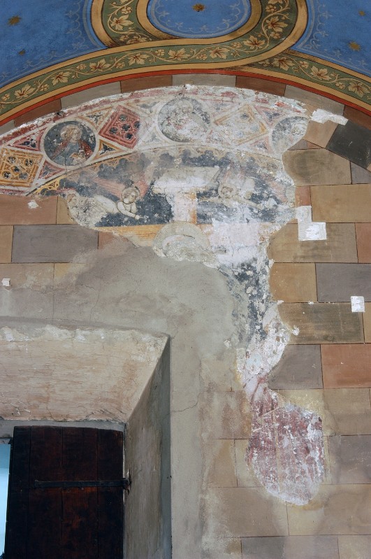 Bott. emiliano-lombarda ultimo quarto sec. XIV, Crocifissione e clipei con santi