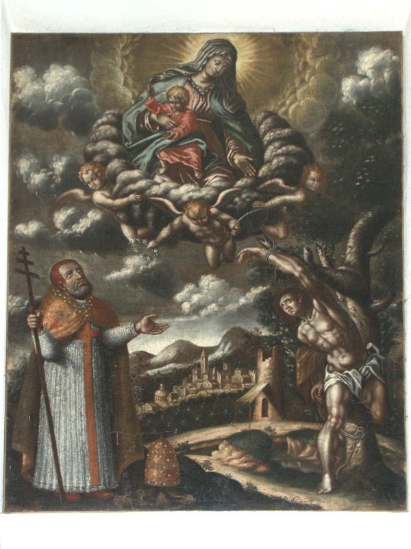 Bott. lombarda sec. XVII, Madonna tra San Fabiano e San Sebastiano