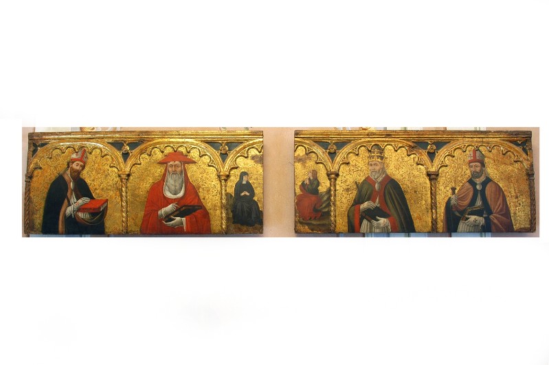 Bott. piacentina (1470-1480), Predella con Crocifissione e dottori