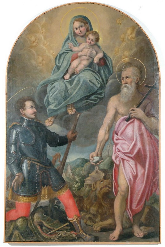 Scuola di Barocci F. sec. XVII, Madonna con Bambino e i santi Giorgio e Girolamo