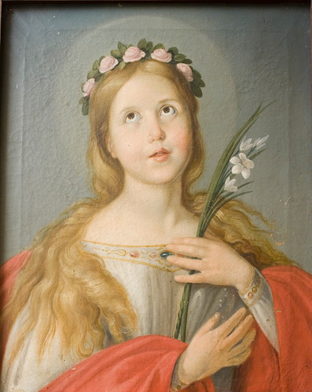 Ambito toscano sec. XIX, Santa martire con corona di rose dipinto