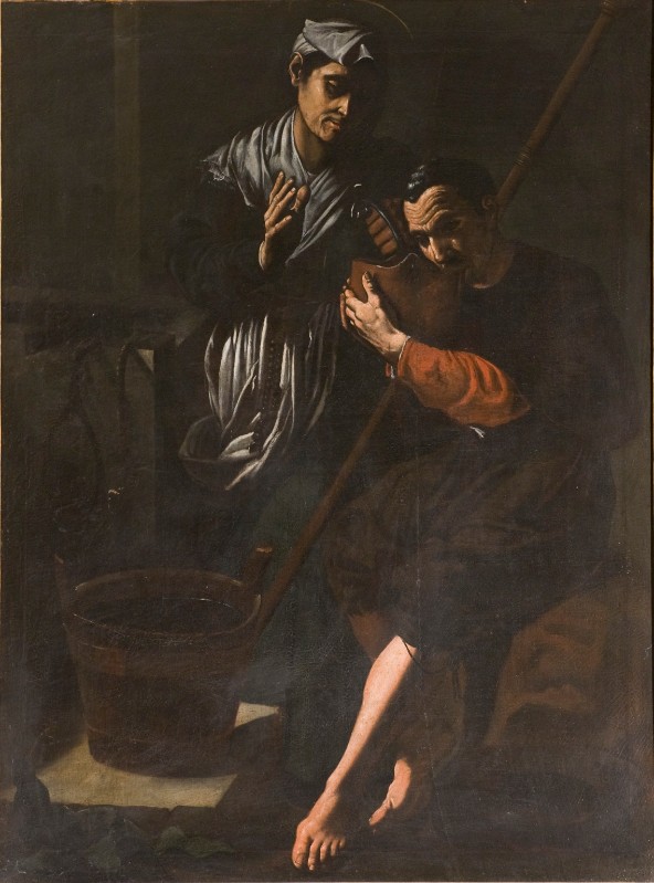 Bottega italiana sec. XVII, Santa Zita assiste un medicante dipinto