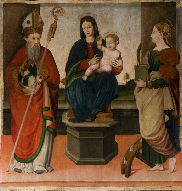 Bottega garfagnina secc. XVI-XVII, Madonna in trono tra santi dipinto