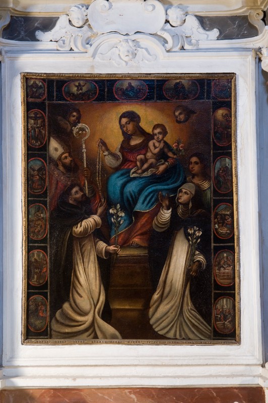 Bottega lucchese sec. XVII, Madonna del rosario tra santi dipinto