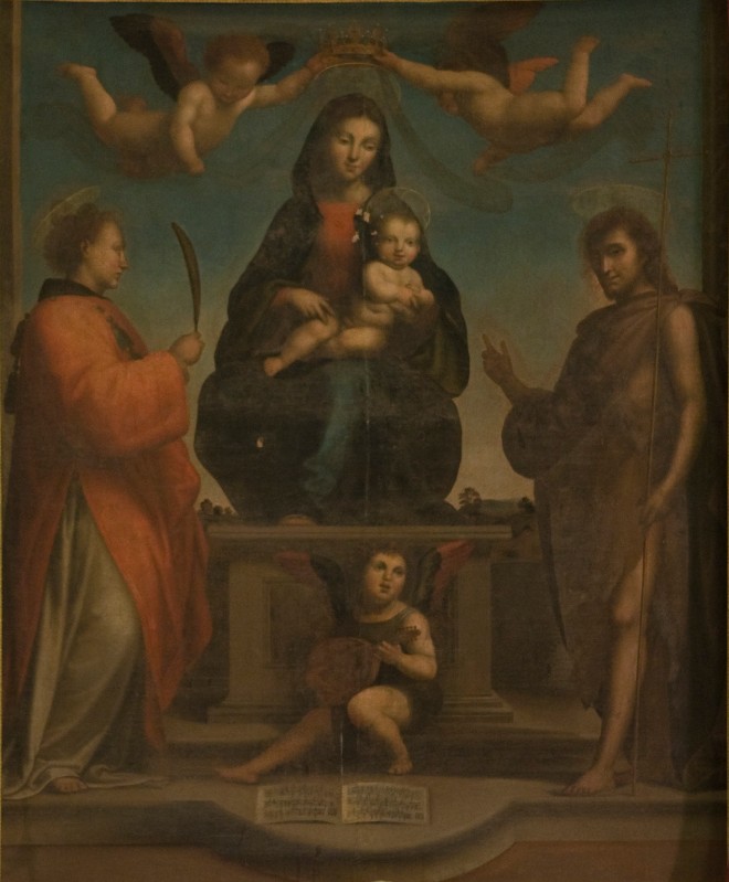 Bott. toscana sec. XVI, Dipinto a olio su tela raffigurante Madonna con santi