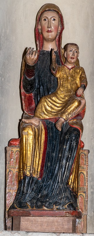Bottega aretina sec. XIII, Madonna in trono con Bambino in legno policromo