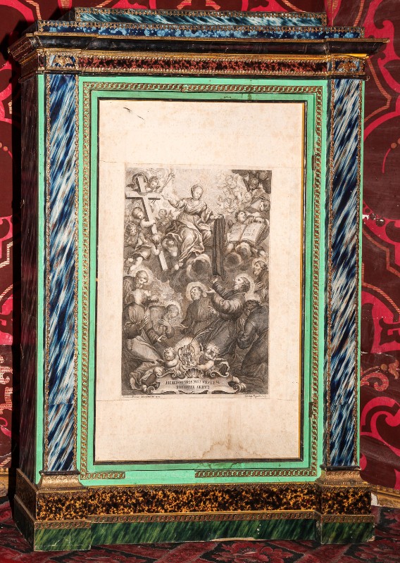 Bottega toscana sec. XIX, Reliquiario a teca con stampa
