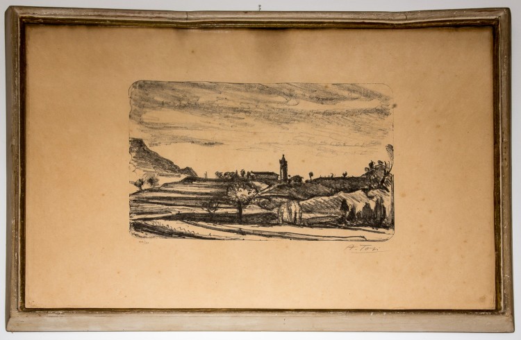 Tosi Arturo prima metà sec. XX, Litografia con paesaggio campestre