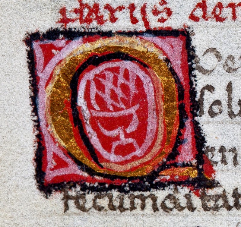 Ambito fiorentino sec. XVI, Miniatura con lettera O in oro con sfondo rosso