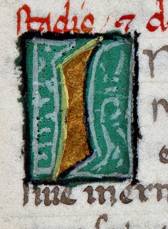Ambito fiorentino sec. XVI, Miniatura con lettera I in oro con sfondo verde