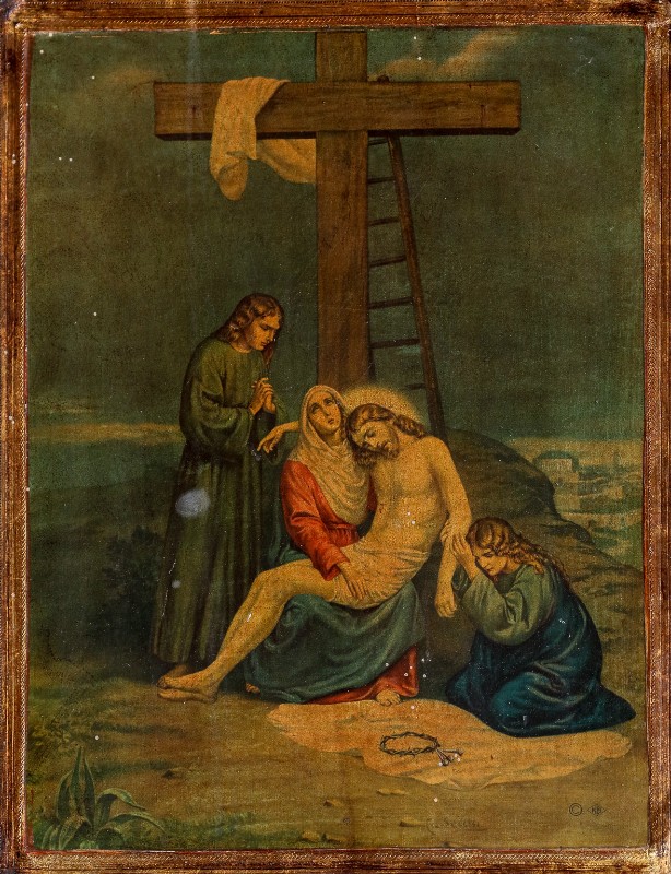 Bottega toscana metà sec. XX, Oleografia con la Deposizione di Gesù dalla croce
