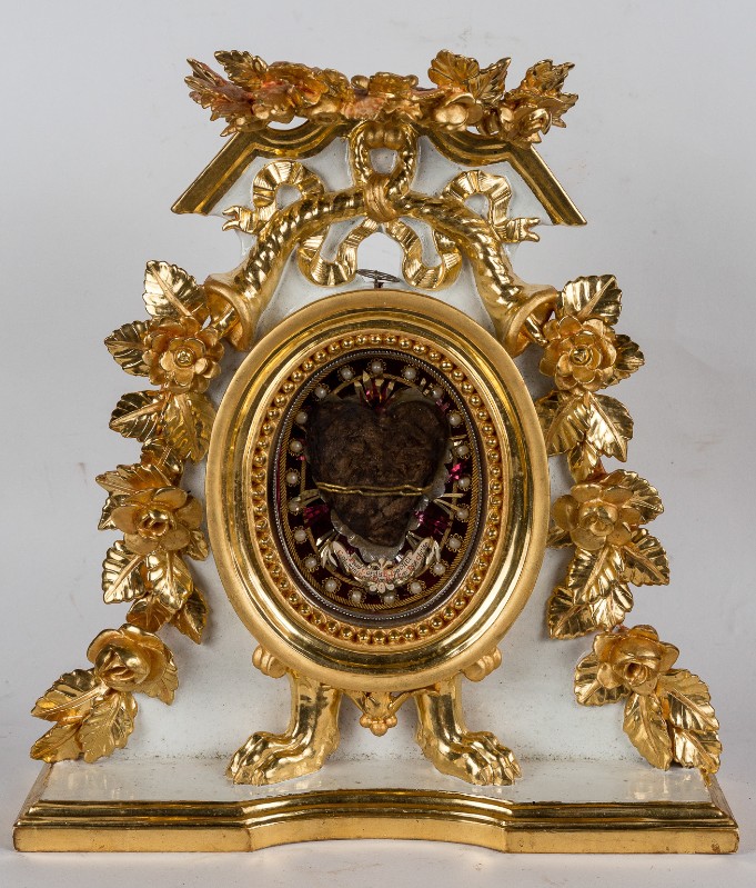 Bottega toscana inizio sec. XIX, Reliquiario a ostensorio in legno dorato
