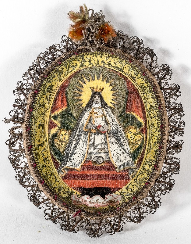 Bottega italiana sec. XVIII, Reliquiario a medaglione con stampa acquerellata