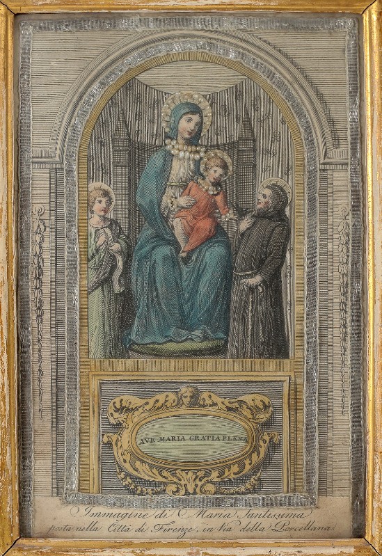 Ambito toscano sec. XIX, Stampa raffigurante la Madonna con il Bambino e santi