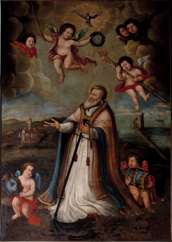 Bottega italiana sc. XVIII, San Clemente con angeli e veduta di Latera