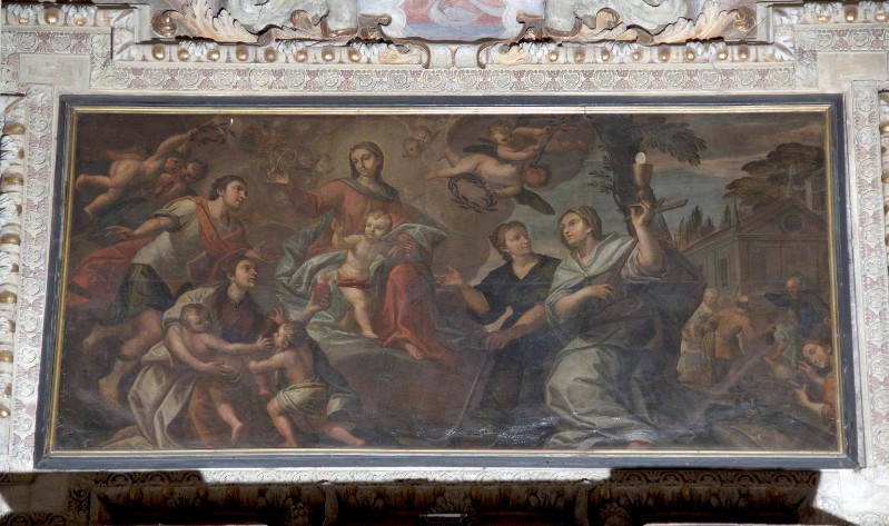 Ambito lombardo sec. XVIII, Madonna con Bambino San Vitale e virtù teologali