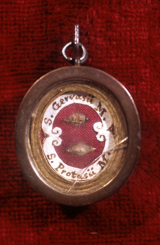 Ambito lombardo sec. XIX, Reliquiario a medaglione di S. Gervasio e Protasio