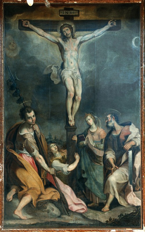 Scuola baroccesca sec. XVII, Gesù Cristo crocifisso tra quattro Santi