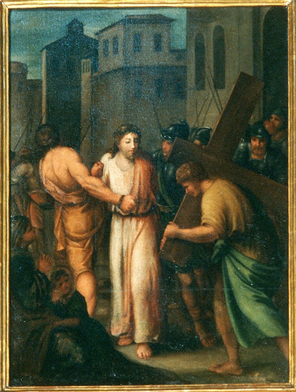 Ambito pesarese sec. XVII, Gesù aiutato dal Cireneo a portare la croce