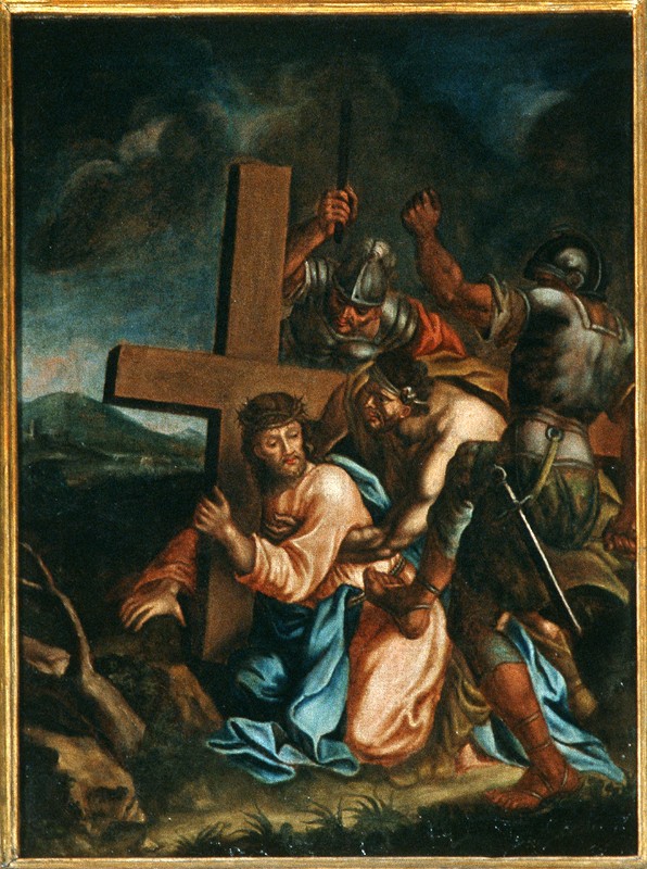 Ambito pesarese sec. XVII, Gesù cade sotto la croce la prima volta