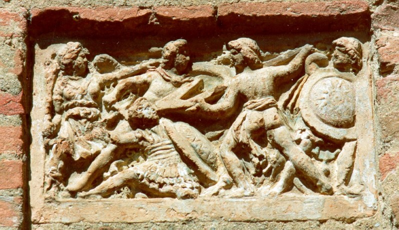 Bottega etrusca sec. III a.C., Frammento di urna in terracotta