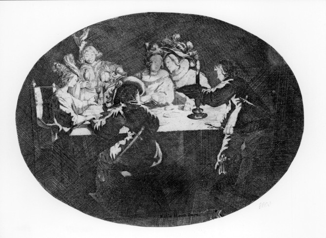 Ambito italiano (1650 circa), Banchetto con due dame e due cavalieri