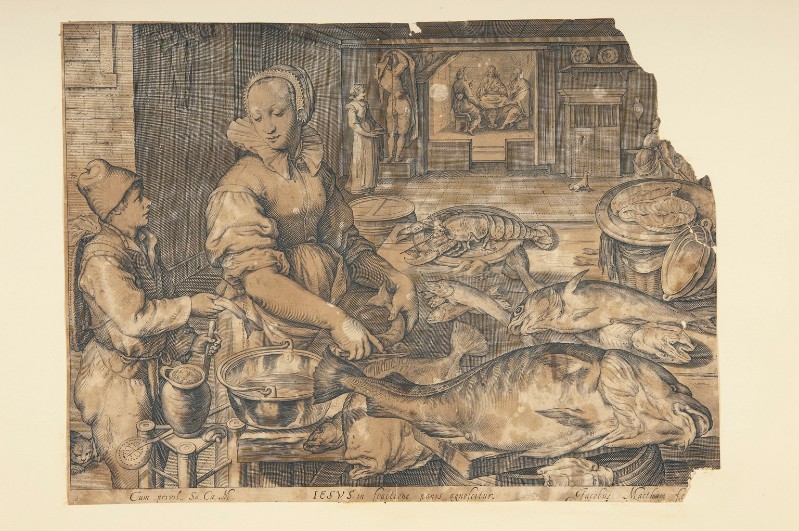 Matham J. primo quarto sec. XVII, Scena di cucina con cena in Emmaus