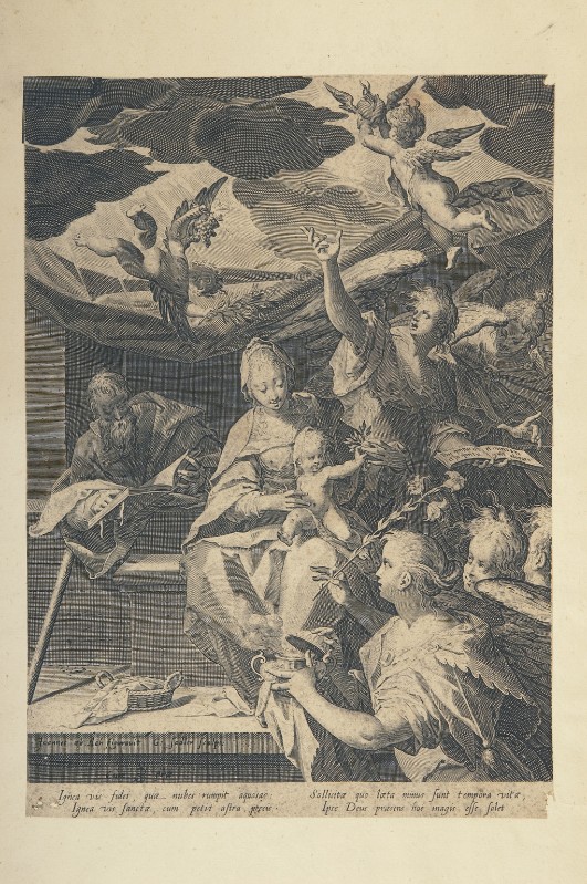 Sadeler A. ultimo quarto sec. XVI, Sacra famiglia con angeli e incensiere