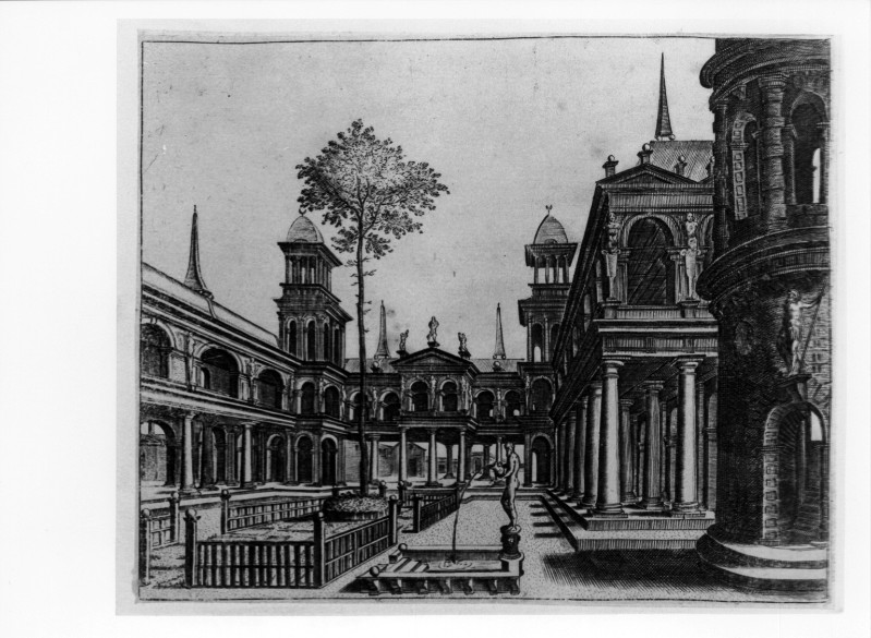 Custos D. (1610 circa), Studio prospettico con cortile porticato e fontana
