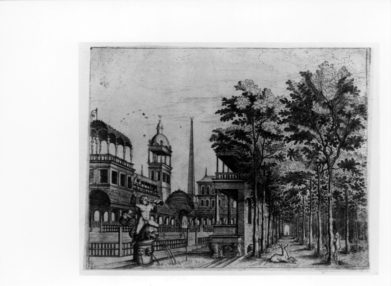 Custos D. (1610 circa), Studio prospettico con palazzo e filari di alberi