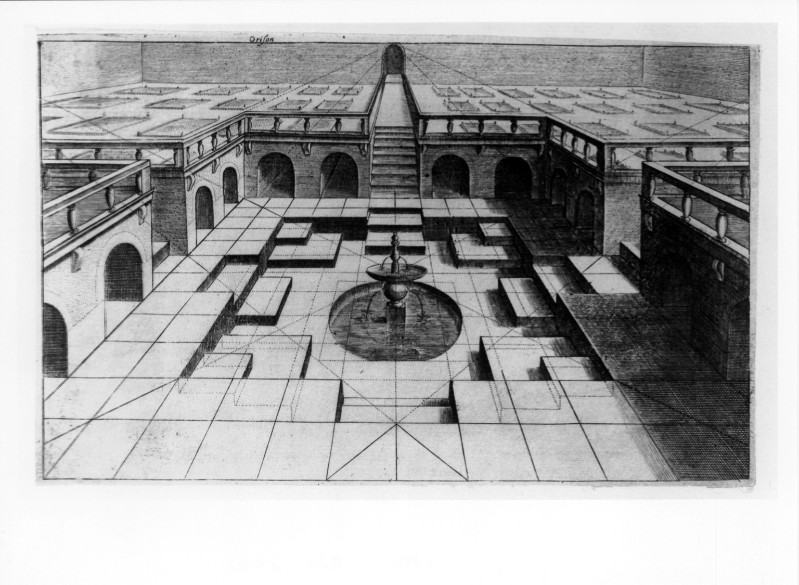 Custos D. (1610 circa), Studio prospettico di cortile ribassato con fontana