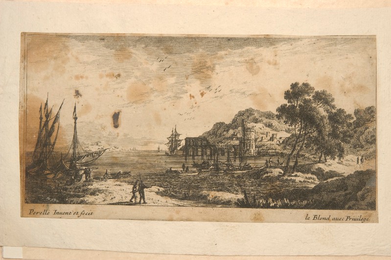 Perelle G. (1620-1666), Paesaggio marino con barche e figure