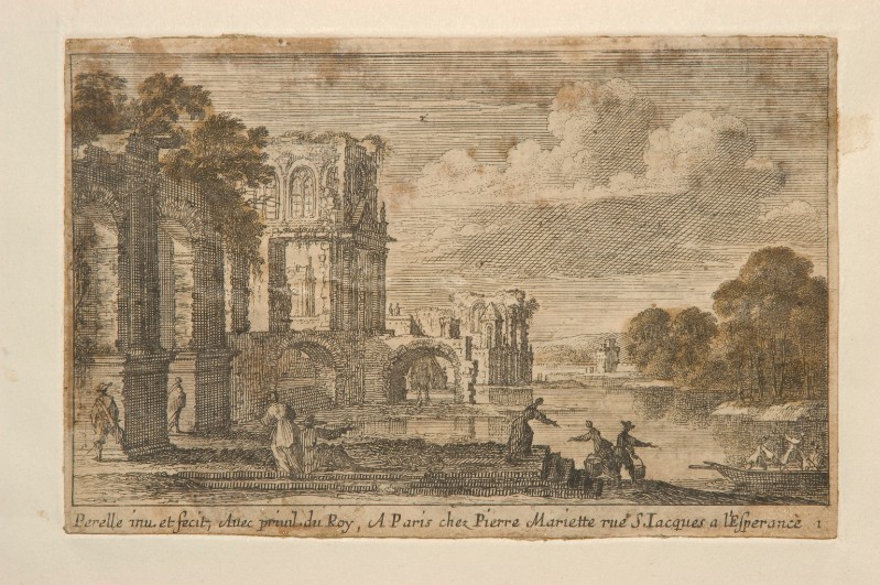Perelle G. (1634-1670 circa), Paesaggio con palazzi e figure presso un fiume