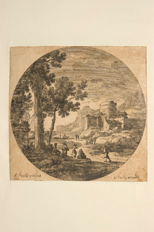 Perelle A. (1655-1695), Paesaggio fluviale con edifici in rovina e figure