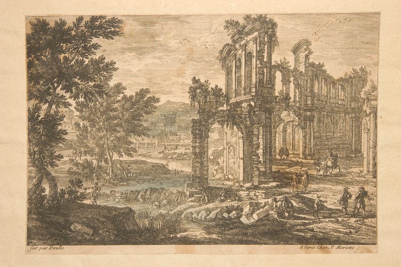 Perelle G. (1634-1677), Veduta con figure presso un edificio ad arcate in rovina