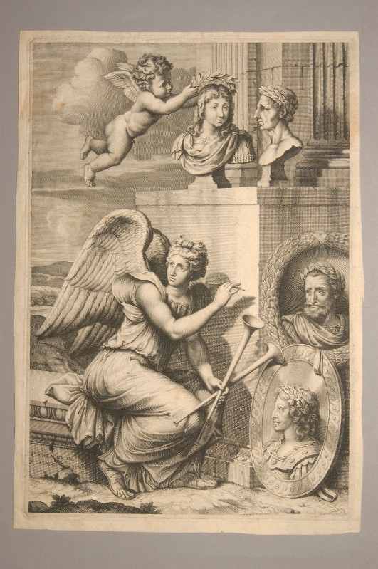 Dannoot P, seconda metà sec. XVII, Allegoria con la Fama putto e busti-ritratto