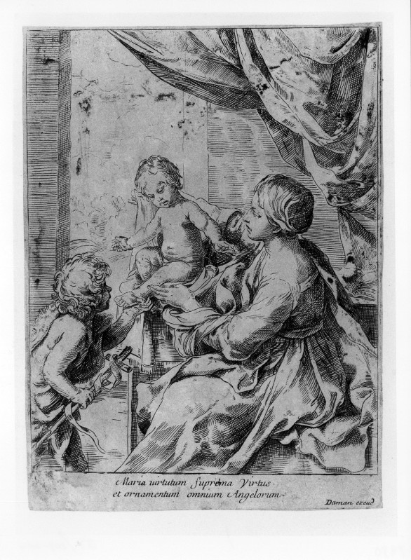 Ambito francese (?) metà sec. XVII, Madonna con Gesù Bambino e S. Giovannino